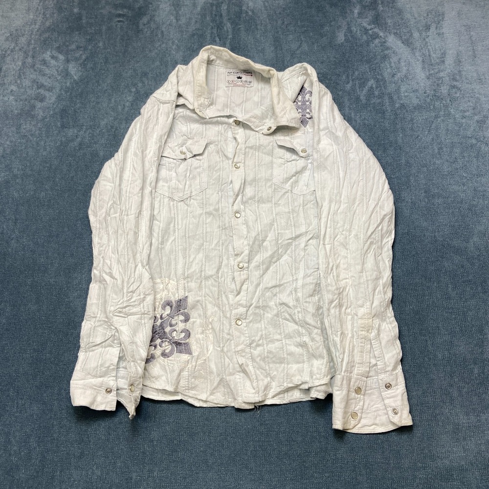 Pop Icon Clothing Shirt Men Medium White Snap Button Casual Collared Long Sleeve